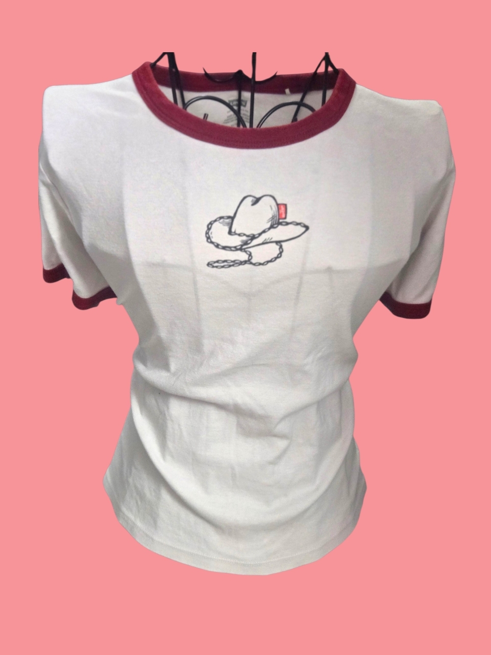 White Ringer Tee with Maroon Trim and Cowboy Hat Graphic
